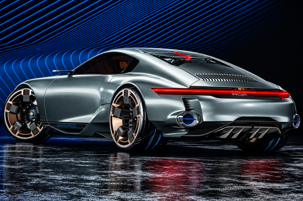 Futuristic Porsche Taycan Under Neon Waves