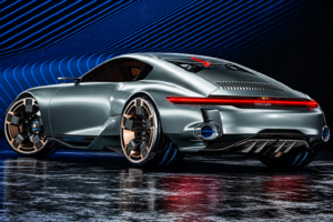 Futuristic Porsche Taycan Under Neon Waves